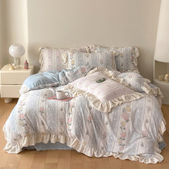 Yickyue New Winter Rose Velvet Bedding Set Romantic Lace Ruffles Comforter Sets Fluffy Milk Velvet Duvet Cover Set Eldense Bed Sheet