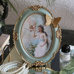 YICKYUE - French Retro Photo Frame Golden Light Luxury Oil Painting Frame Butterfly Resin Ornaments 7 Inch Photo Wall Home Decoration