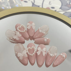 Yickyue Handmade Custom Made False Nail Art With Pearls And Nows Wearable Nail Pink Almond Style Section Patch Removable Girl Fake Nail