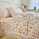 Yickyue 100%Cotton Cute Chic Strawberry Print Bedding Set Super Soft Breathable Green Flowers Duvet Cover Bed Sheet Pillowcase King 4Pcs