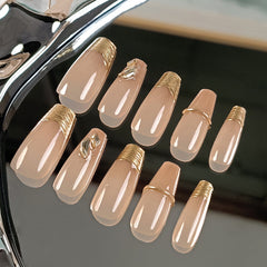YICKYUE - Handmade Wearable Press on Nails 10/pack Size Different Gilt Lines French Simple Coffee Brown Gradient Long Fake Nail Free Toolk