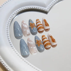 YICKYUE - 24pcs Retro Ocean Fake Nails Beach Shells Pearl Diamond Design False Nail Tips Korean Blue Sweet Girls Wearable Press on Nails