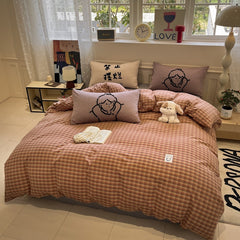 YICKYUE - INS Vintage Plaid Cotton Washed Bedding Set with Korean Lace | Soft 4-Piece Quilt Cover Sheet Pillowcases
