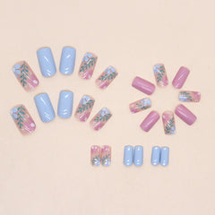 YICKYUE - Fresh Rose Red Light Blue Flower Leaves Solid Color Glitter Powder Full Square False Fake Art Nails Tips Press on Glue Manicure