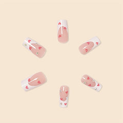 YICKYUE - Hot New Women Girls 24Pcs Long Square Red French White Border Heart Full Coverage Wearable Fake Nail Press on Nail Art