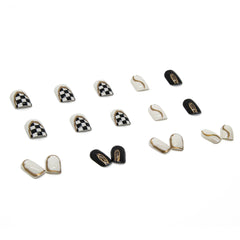 24P Gilt Checkerboard Artificial Press On Wearable Short Ballet Fake Nails Gold Art Nail Stickers Removable Reusable False Nails