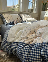 Yickyue - Romantic sweet flower plaid blue lace beding set,full queen king fairyfair cotton home textile bed sheet pillow case duvet cover