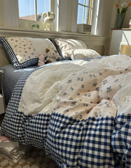 Yickyue - Romantic sweet flower plaid blue lace beding set,full queen king fairyfair cotton home textile bed sheet pillow case duvet cover