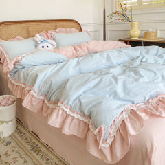 YICKYUE - Blue Pink Lattice Bedding Set, Korean Princess Ruffles Bow Bed Covers, 100% Washed Cotton Quilt Cover, Bed Sheet, Pillowcases