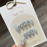 YICKYUE - 10pcs/box with Tool Box Snow Diamond Handmade Nails Pure Manual XS S M L Crystal Haze Blue False Nail Full Cover Press on Nails