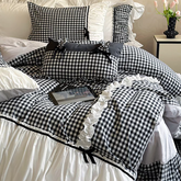 YICKYUE - Black Gingham with Bow Ruched Bedding Set