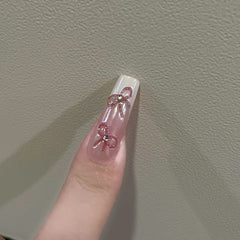 YICKYUE - 10Pcs Glitter Pink Handmade Press On Nails Long Cute Flower French Ballet Full Cover Fake Nails Manicure Wearable Nail Tips Art