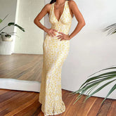 YICKYUE - Elegant Solid Party Dress Luxury Sleeveless Deep V Suspender Evening Dress Temperament High Waist Lace Embroidery Bodycon Dress