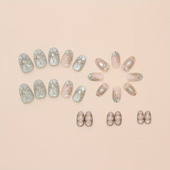 YICKYUE - Glossy 24-Piece Short Oval Press-On Nails - Green Tone with Intricate Sun & Cat Eye Design, Removable Nail Art Set