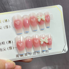 Yickyue Handmade Sweet Long Fake Nail Girl French Bow Tie Pink Gradient Smudge Pearls Design With Glue Nail Art Press on Tip 1Set/10pc
