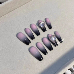 Yickyue European American Hot Girl Style Fake Nails Two Colour For Set Grey Black Pink Gradient Smudge Long T Girl's False Nails Sticker