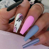 24Pcs/Set Press On False Nails Long Ballerina Manicure Artificial Nail Art Finished Matte Striped Contrast Color Wear Fake Nail