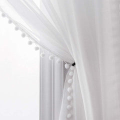 Yaapeet Linen Look Pom Pom Tasseled White Curtains Rod Pocket Voile Semi-Sheer Curtain Light Filter Bedroom Living Room Drape