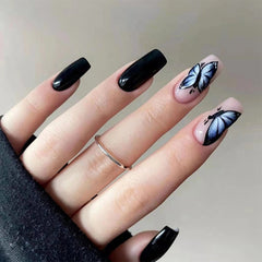 24Pcs Silver Pink Gradient Ballet False Nails With Butterfly Heart Design Long Coffin Fake Nails Press On Nail Wear Manicure Tip