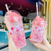 420 ML Kawaii Cherry Blossom Bottle Creative Sequin Rabbit Crushed Ice Cup Summer Ice Drink Bottle with Straw Coffee Juice Cups