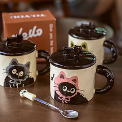 YICKYUE - Ceramic Mug Cute Cat Girl With Lid Spoon Office Water Cup Student Office Milk Breakfast Couple Birthday Companion Valentine Gift