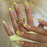 Yickyue Yellow Little Flowers Pearl Cute Almond Shape False Nails Simple French Detachable Finished Fake Nails Press on Nails with Glue