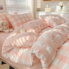 Yickyue Cute Princess Seersucker Bedding Set For Women Washed Cotton Ruffle Bed Skirt Sheet Sets King Queen Size Bed Linens Decor Home