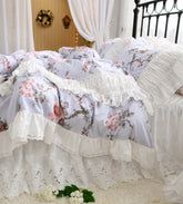 Yickyue New French Countryside Garden Flowers and Birds bedding set Cotton ruffle lace duvet cover bed sheet set Bedding Sets for queen