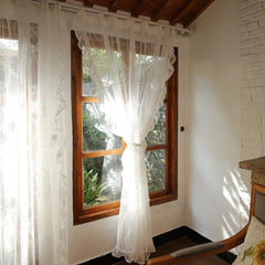 YICKYUE - Lace Curtains Sheer Panel Rose Floral Embroidery Ruffled Vintage Window Treatment for Nursery Bedroom and Living Room Rod Pocket