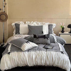 YICKYUE - Black Gingham with Bow Ruched Bedding Set