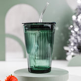 YICKYUE - 450ml Large-capacity Straw Glass Vertical Stripes Water Cup With Straw and Lid Office Home Kitchen Accessories Hand Cup Car Cup