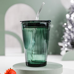 YICKYUE - 450ml Large-capacity Straw Glass Vertical Stripes Water Cup With Straw and Lid Office Home Kitchen Accessories Hand Cup Car Cup