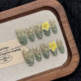 YICKYUE - 10pcs Handmade Mint Green Press on Nails 3D Yellow Flower Decor Fake Nails Wearable Glitter Gradient Cat Eye False Nail Tips