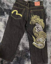 Hearujoy 90s Streetwear Y2k Baggy Jeans Harajuku Hip Hop Dragon Pattern Retro Black Oversized Baggy Jeans Men Women New Gothic Wide Trousers Streetwear