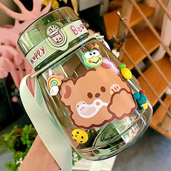 Kawaii Jumbo Bear Water Bottle For Children Girl School Cute Plastic Travel Milk Tea Juice Portable Gourd With Straw 3D Sticker