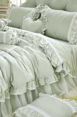 Yickyue Korean Style Princess Bedding Set Luxury Green Lace Ruffle Solid Duvet Cover Bedspread Bed Skirt Pillowcases Queen King Size