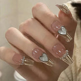 Yickyue 24Pcs Three-dimensional Love Heart False Nails with French Design Long Coffin Wearable Fake Nails Rhinestone Press on Nails Tips