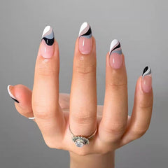 24pcs Almond Round Wavy False Nails Detachable Stiletto Ink Fake Nails Full Cover French Ballerina Nail Tips Press On Nails