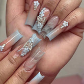 YICKYUE - 24Pcs Artificial Nails Set with Glue Long Coffin Press on False Nails Wearable Ballet Fake Nail Butterfly Flower Design Manicure
