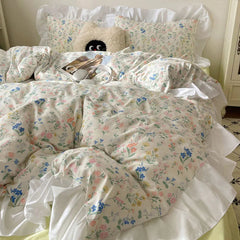 Gentle Floral Print Bedskirt Bedding Sets Skin Friendly Comfortable Duvet Cover Set with Lace Romantic Bedclothes for Girls