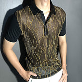 YICKYUE - Black Gold Abstract Pattern Lace Sexy Polo See Quality Men Through Social Club Luxe Transparent Shirt Summer Short Sleeve Polo