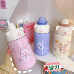 Cute Bear Large Thermos Bottle Insulated Stainless Steel Cup Thermal Tea Travel Hot Water Bottle With Straw 3D Sticker Strap