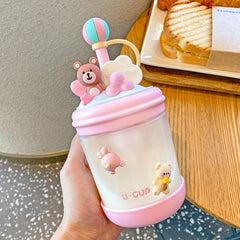 Kawaii Bear Candy Water Bottle With Straw Sticker Cute Plastic Juice Milk Portable Shaker Leakproof Water Cup For Kids BPA Free
