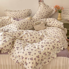YICKYUE - Floral White Hollow Lace and Ruffles Duvet Cover, 100% Cotton, Vintage Countryside Bedding Set, Bed Skirt, Bed Sheet, Pillowcase