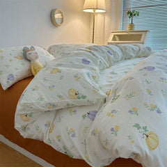 YICKYUE - Wrinkled Yarn Washed Cotton Pastoral Style Bed Four-piece Set Double Cartoon Style Bed Quilt Cover Bedding Set Three-piece