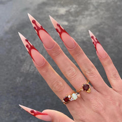 YICKYUE - 24pcs Halloween Blood Drops French False Nails Full Cover Long Tip Fake Nails Press On Nails Nude Color Stiletto Nails Finished