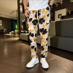 Hearujoy Vintage Tie Dye Ink Painting Casual Pants Men Ethnic Style Flower Pattern Lightweight Ice Silk Straight Leg Trousers Summer