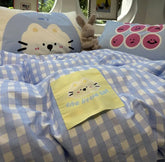 YICKYUE - Cute Cartoon Cat Blue Checked Yellow Bedding Set,twin Full Queen Kitten Cotton Home Textile Bed Sheet Pillow Case Quilt Cover