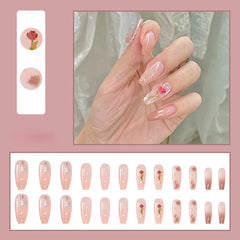 24Pcs/Box Long Ballerina False Nails Rose Design Artificial Coffin Fake Nails With Glue Full Cover Nail Tips Press On Nails