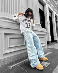 Hearujoy 90s Streetwear Y2K Casual Jeans Harajuku Classic Striped Light Blue Jeans Graphic Embroidery High Waist Straight Pants Baggy Trousers Men Women